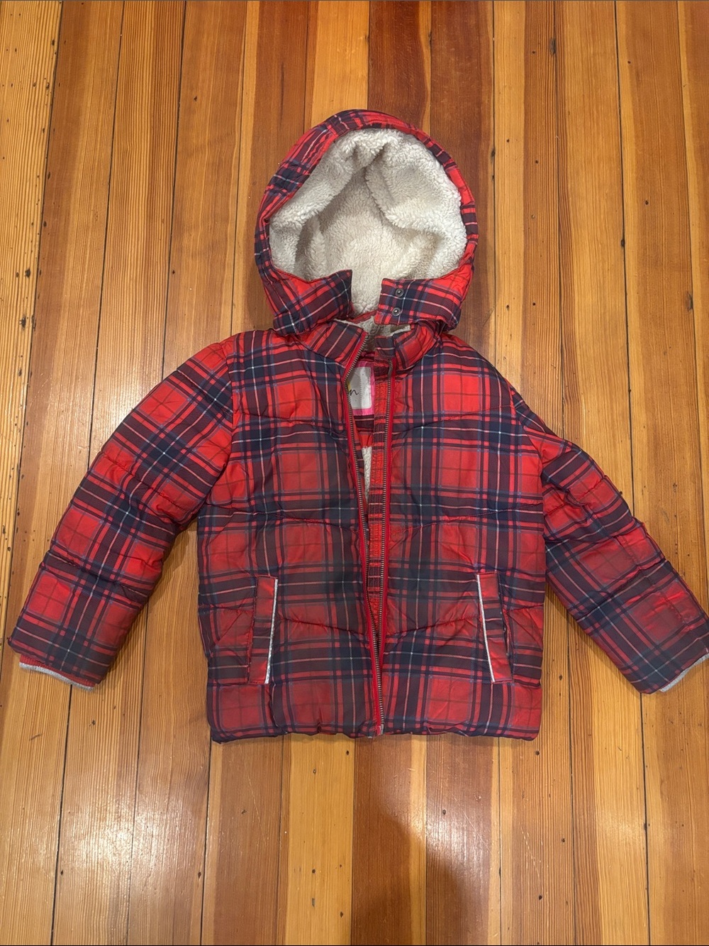 Boden Red & Navy Plaid Hooded Puffer Jacket - Size 6-7 kids